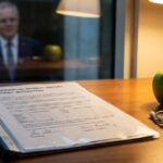 Confidential medical report on desk with apple and stethoscope