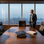 Businessman in boardroom overlooking city skyline