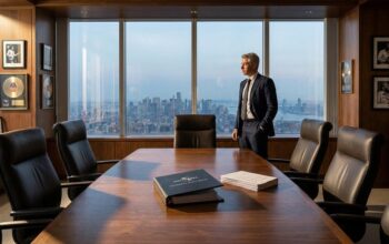 Businessman in boardroom overlooking city skyline