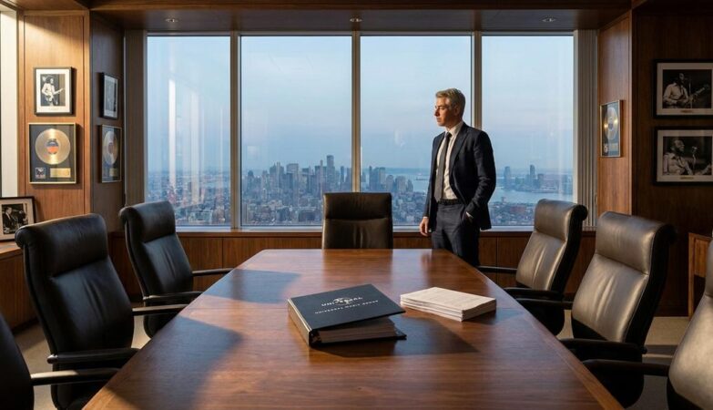 Businessman in boardroom overlooking city skyline