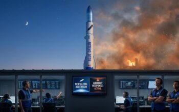 Blue Origin rocket launch with control room monitoring