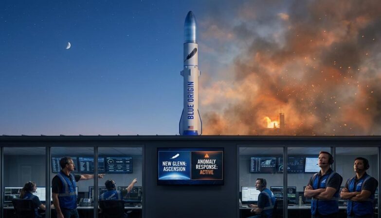 Blue Origin rocket launch with control room monitoring