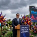 Politician speaking at outdoor press conference with poll chart